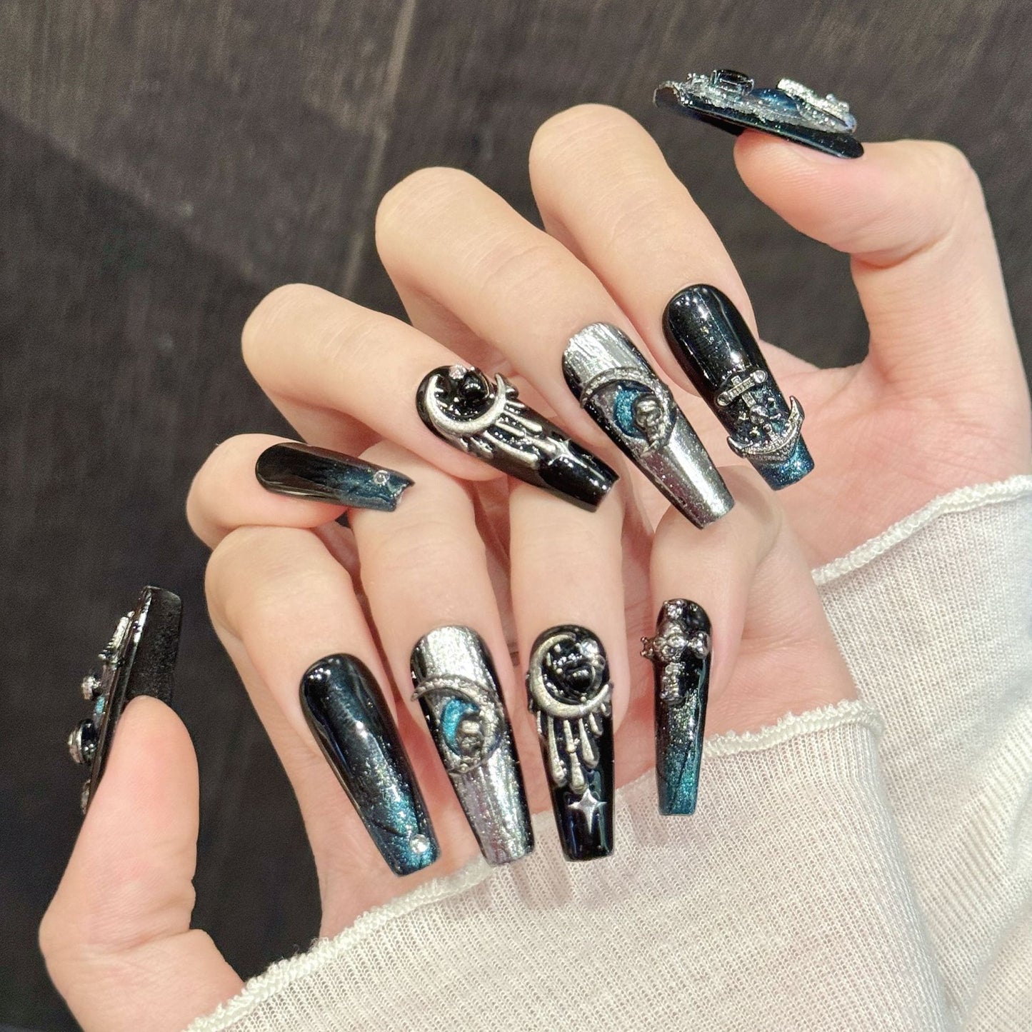 Silver Black Moon Snake Cosmic Gothic Nails