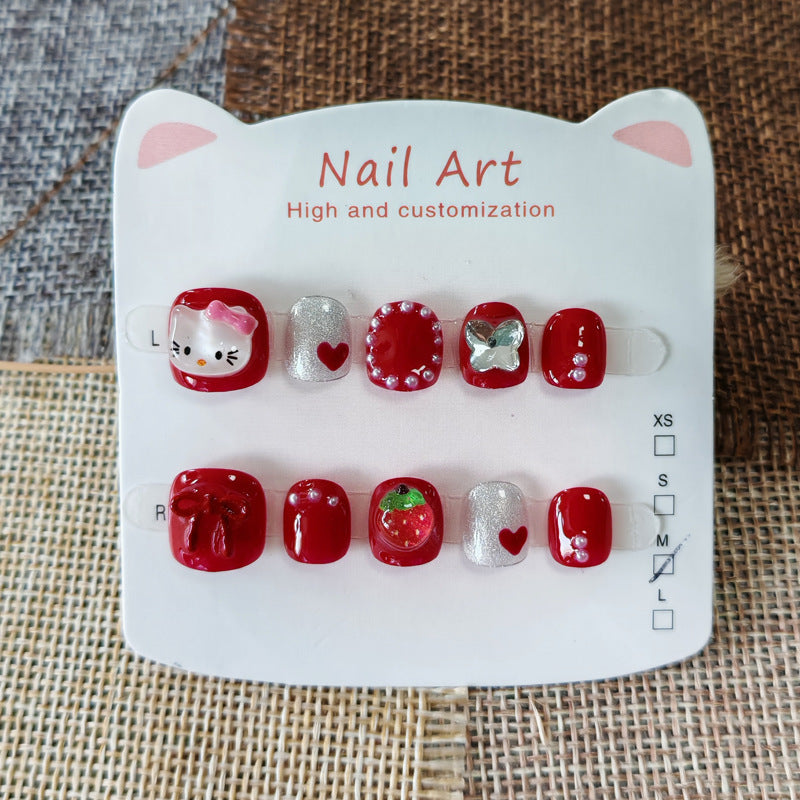 365nails: "cherry berry hello kitty" – short round handmade kids press-on nails