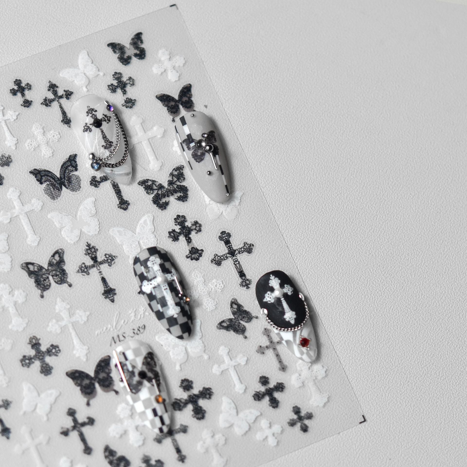 Gothic Cross Butterfly Collection: "Monochrome Gothic" – 3D Embossed Nail Sticker