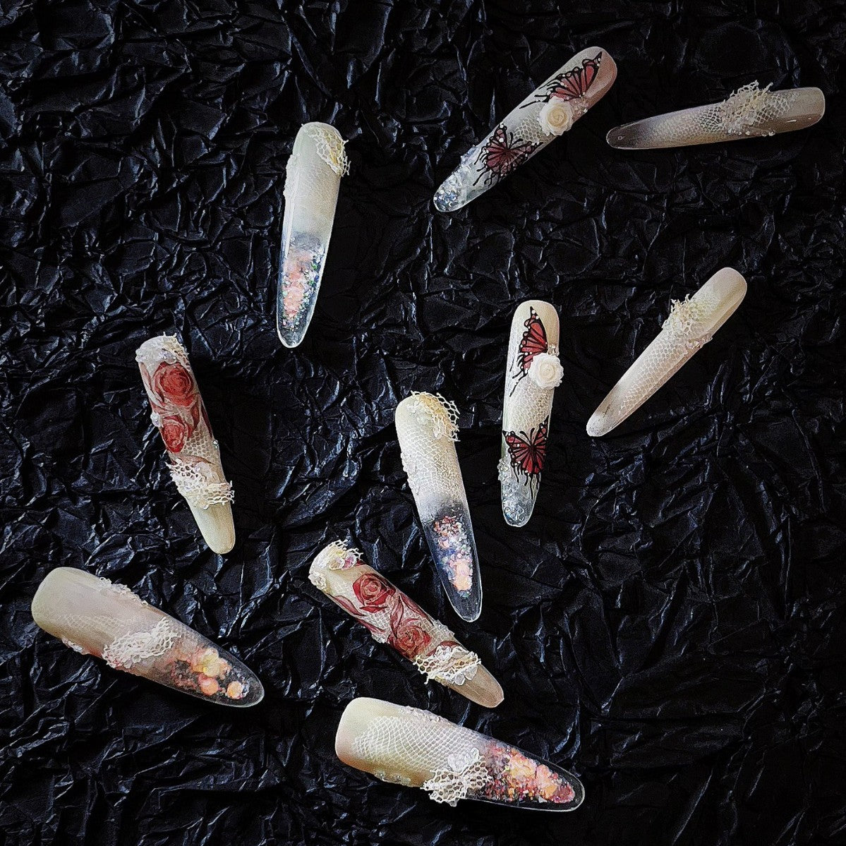 Blending gravel lace hand-painted four-finger quicksand hand-twisted piercing sweet style press on nail