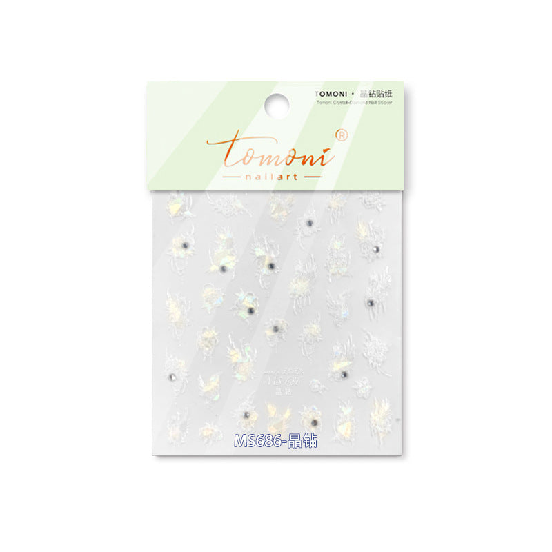 White Lace Feather & Crystal Nail Sticker Set – "Crystal Feather Lace"
