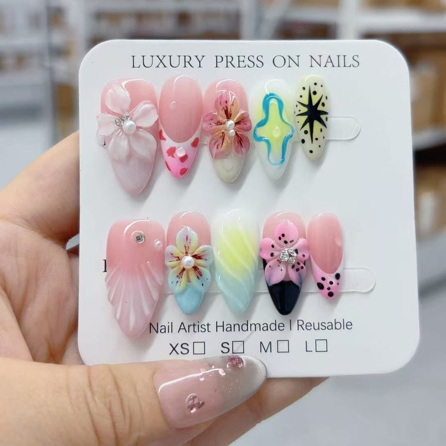 Tropical Bloom: "Floral Fantasy" – Medium Almond Handmade Press On Nails