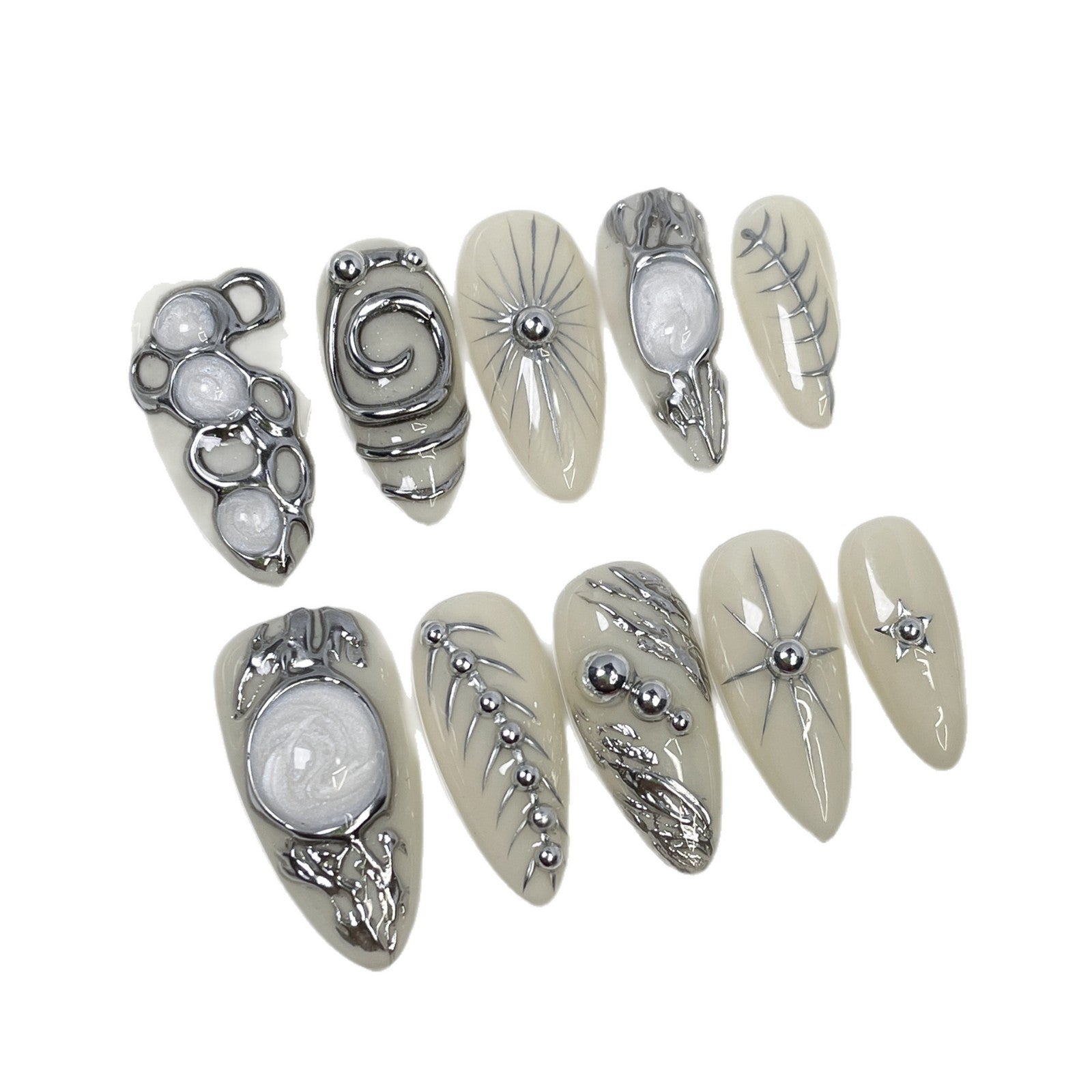 Artistic 3D Silver Chrome Liquid Cream Futuristic Press-On Nails