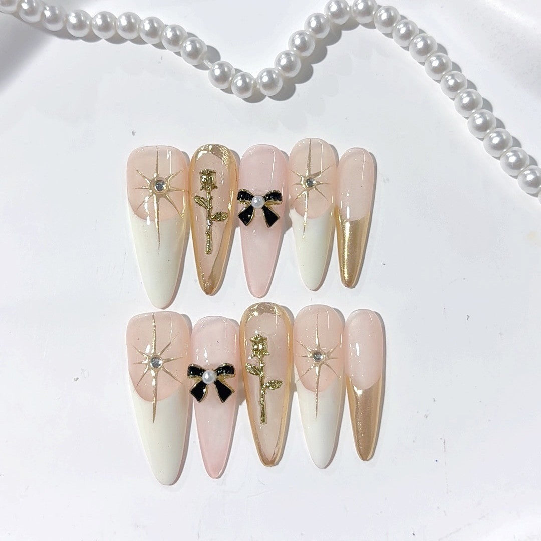 365nails-Golden Elegance: "Rose Bow Star" – Almond Shape Handmade Painted Press-On Nails