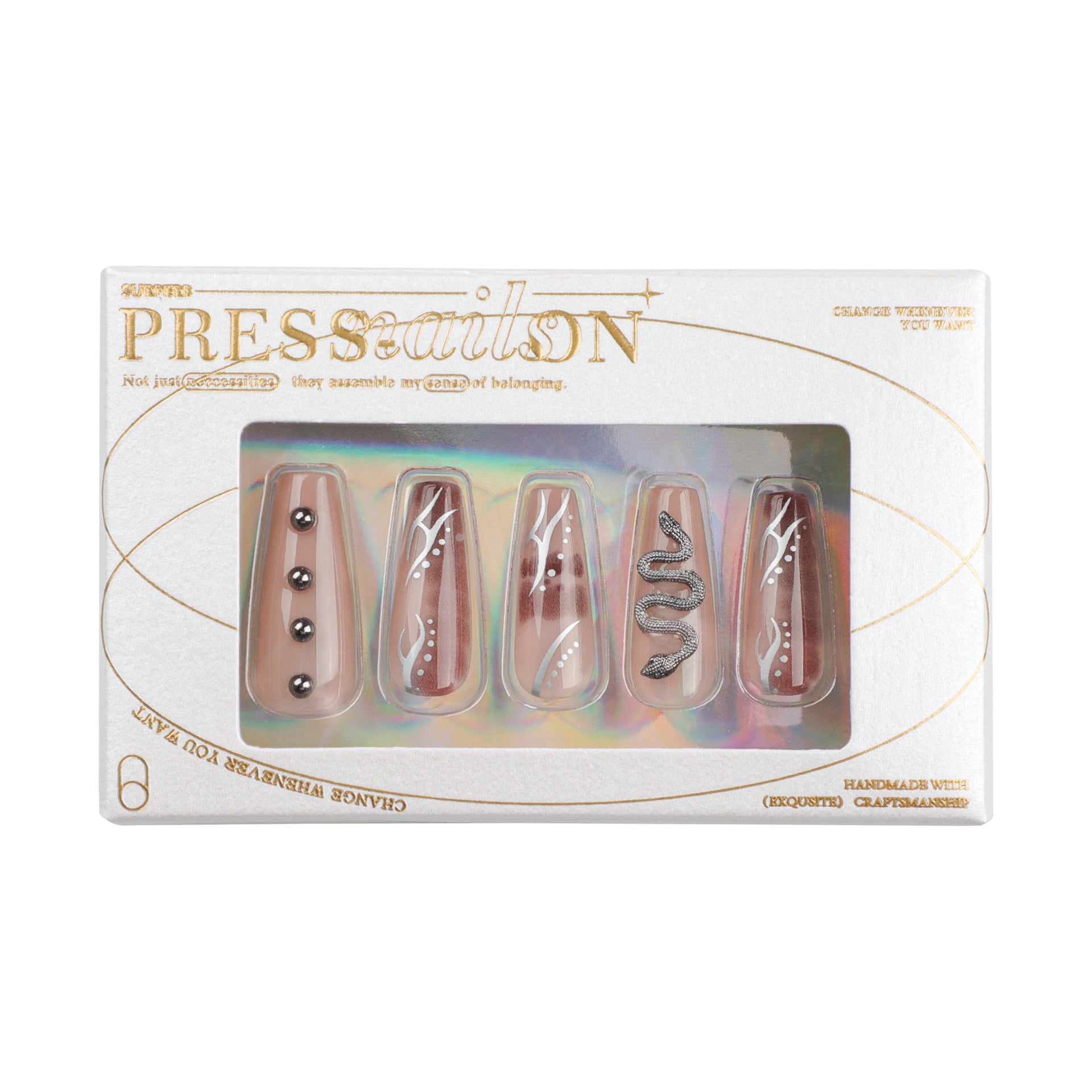 Maillard branco com padrão de cobra para unhas, unhas de balé médias e longas, peça de metal pesado, atacado de fábrica｜365 unhas