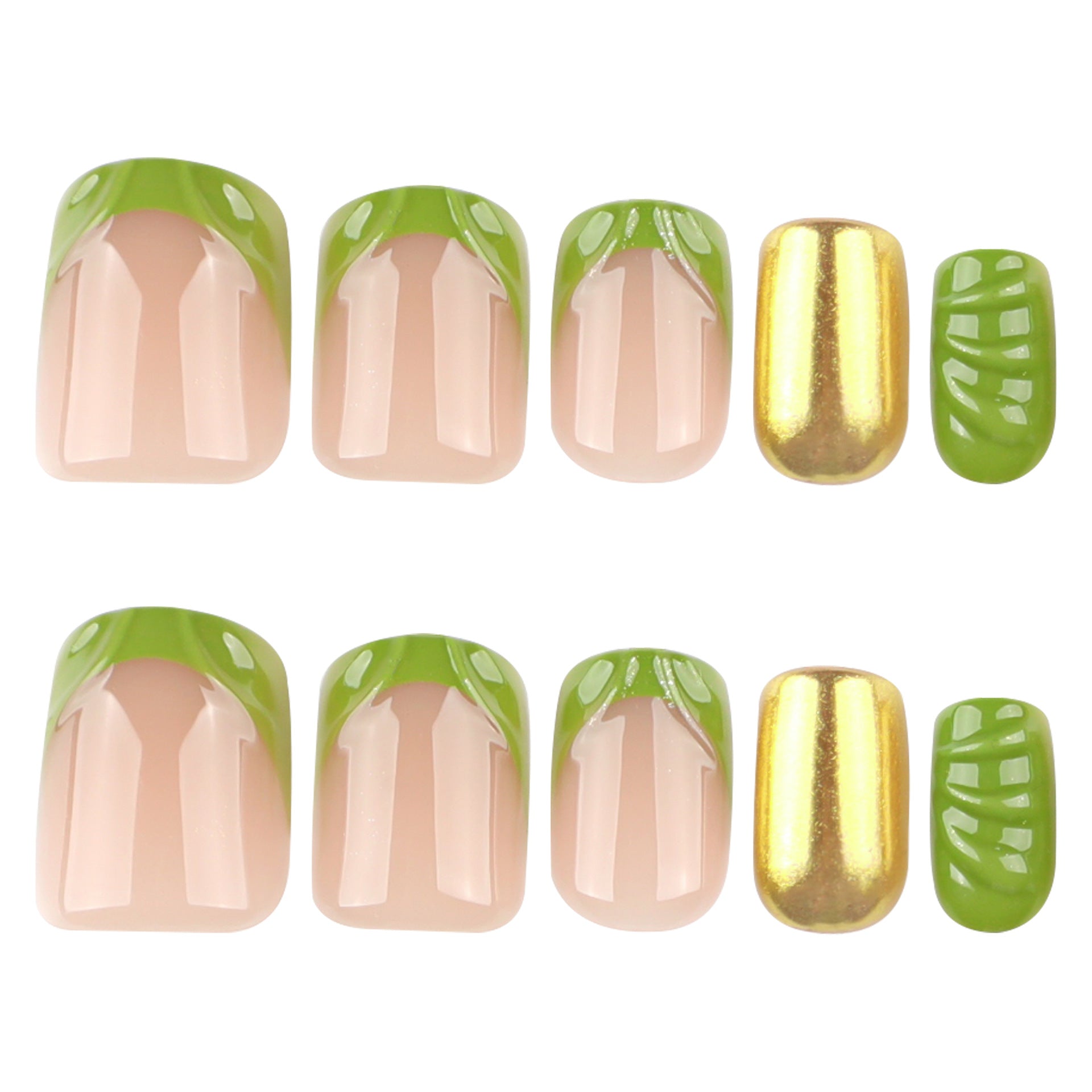 Fresh French Green 3D Gold Mirror Pink Short Square press-on nails