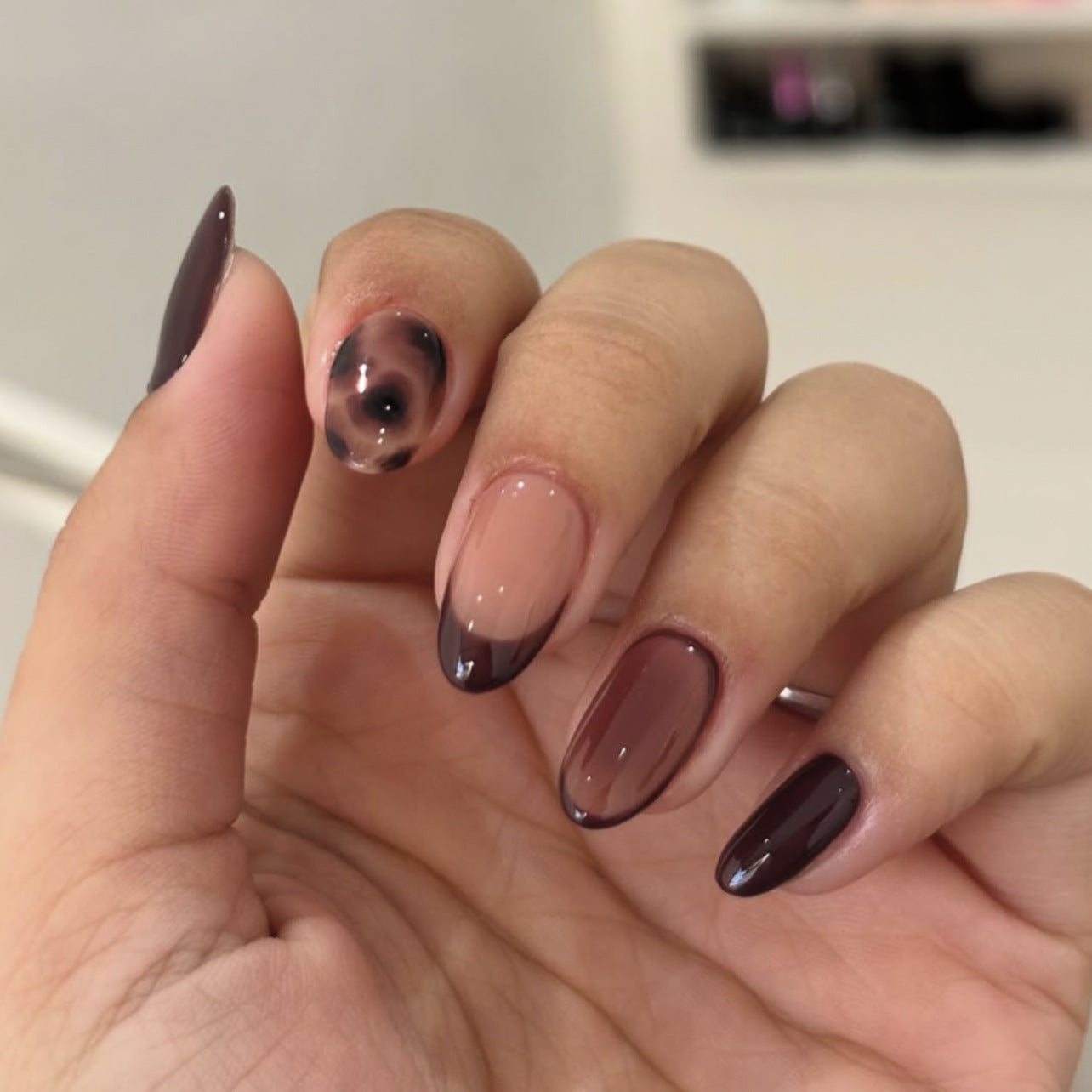 Warm Brown Gradient Nails with Deep Chocolate French Tips