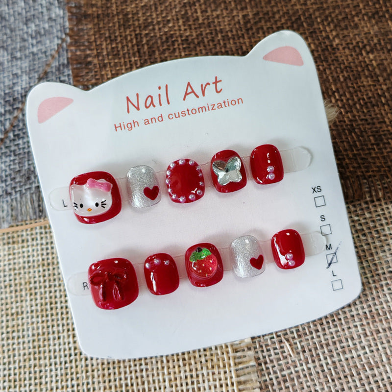 365nails: 櫻桃莓 Hello Kitty – 短款 圓形 手工製 兒童穿戴甲