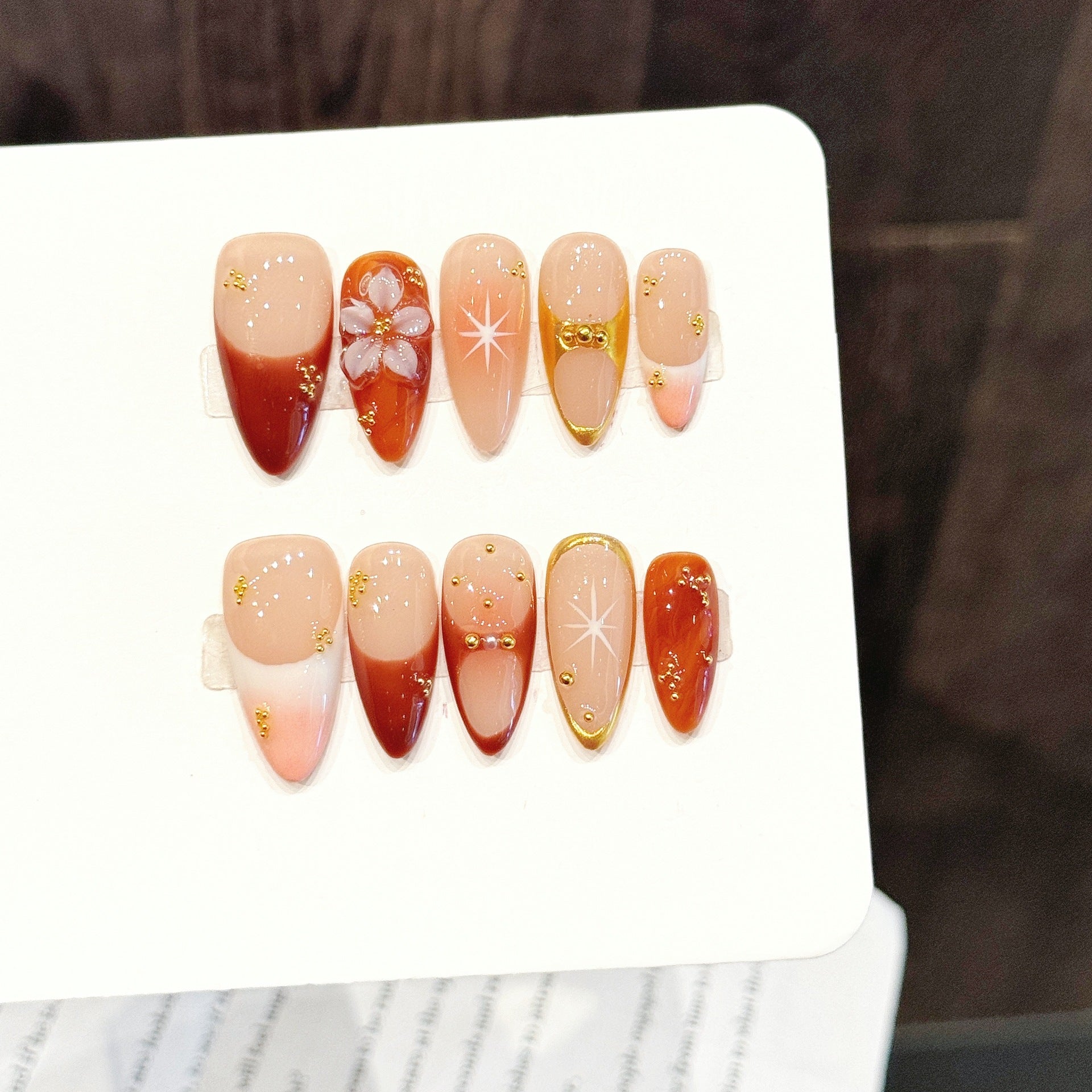 Peach Gold Gradient Floral Press On Nails