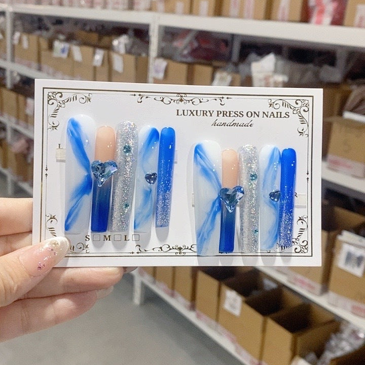 Blue Marble Heart Crystal Glam Press On Nails