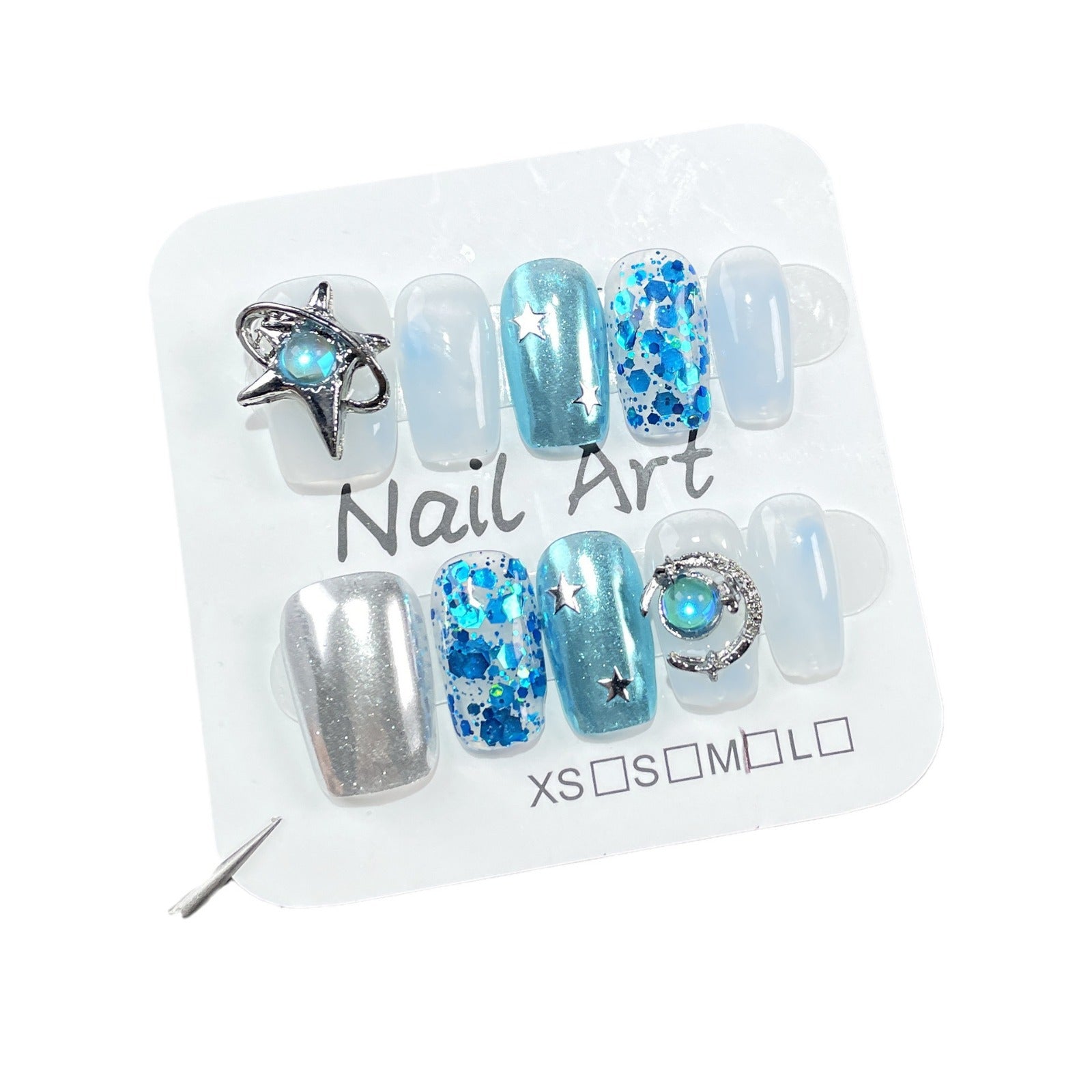 Icy Blue Nails with Iridescent Wash and Star Accents