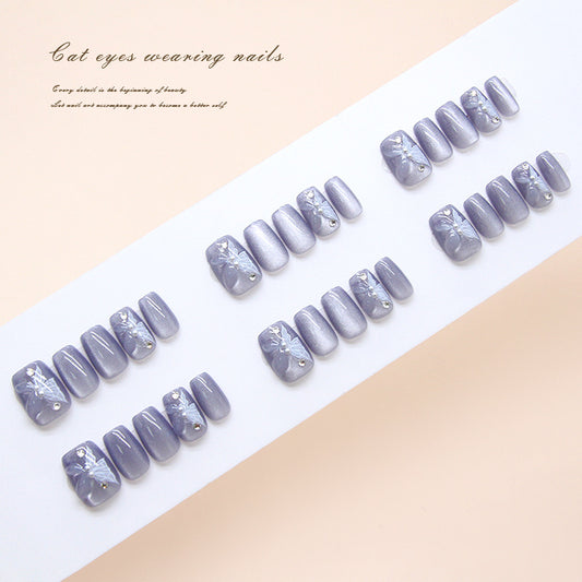Nail Tips  prefabricated nail mist blue three-dimensional butterfly cat eye flash gentle and cold diamond manicure 30 pieces｜365nails
