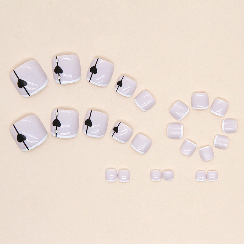 Unhas postiças francesas de amor preto, doces e legais, unhas postiças simples com diamante, peça de arte especial para unhas postiças ｜365nails