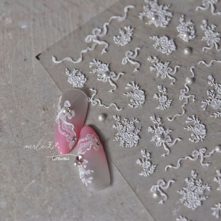 Bridal Floral: "White Crystal Emboss" – 3D Embossed Nail Sticker