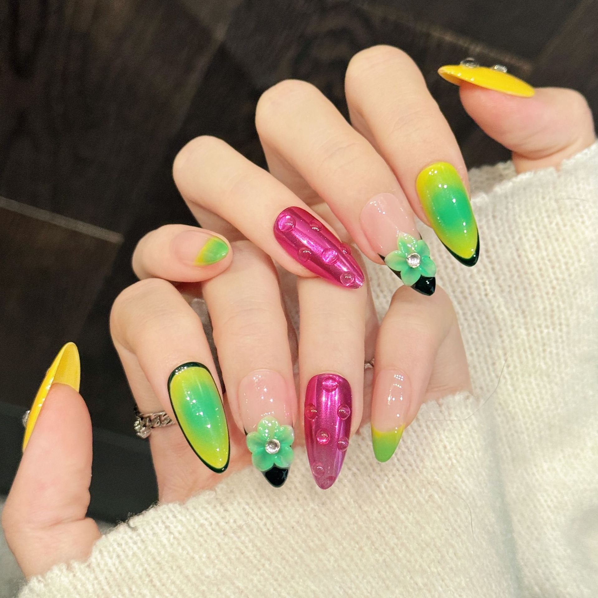 365nails: "Neon Tropics" – 3D Floral & Gradient Handmade Coffin Nails