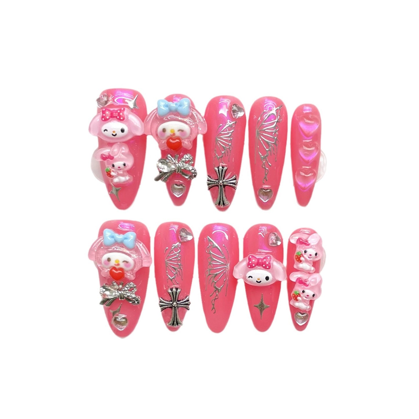 Mourning Sweet Looking Cyberpunk Rabbit Hand-painted Nail Art Autumn and Winter White Crowe Heart Chain | 365nails
