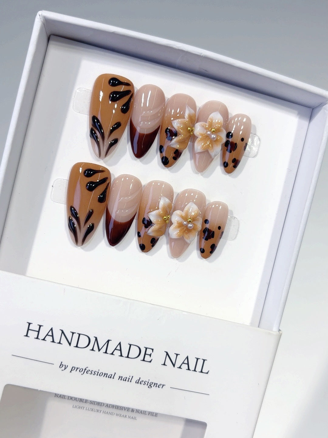 Amber Bloom: "Leopard & Flower" – Long Almond Handmade Press On Nails