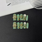 365nails: "Emerald Majesty" – 3D Floral & Gold Handmade Square Nails