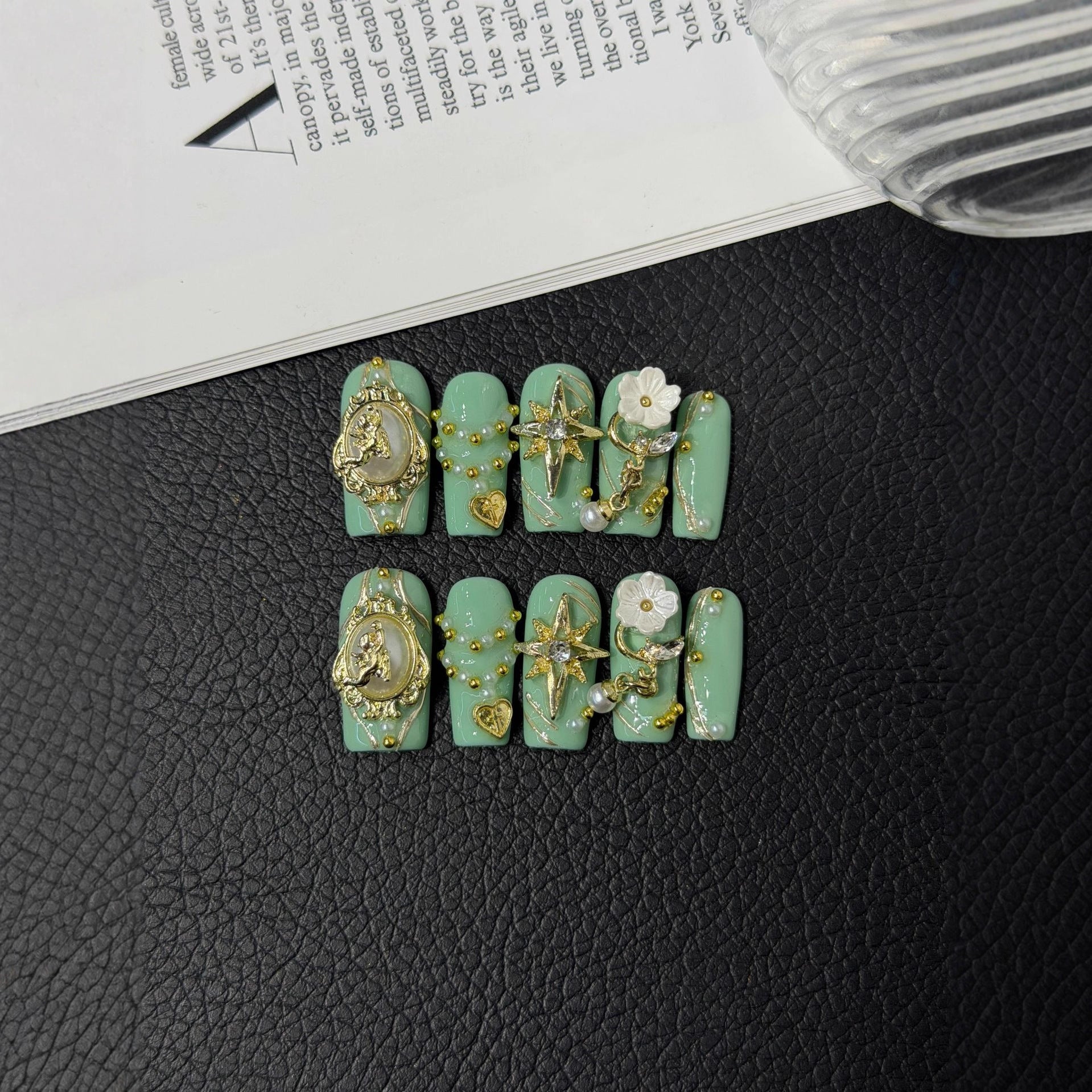 365nails: "Emerald Majesty" – 3D Floral & Gold Handmade Square Nails