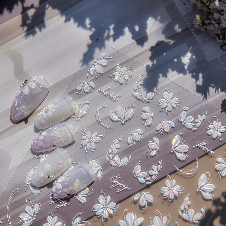 Iridescent Lily & Flower Collection: "White Bloom" – 5D Stereoscopic Nail Sticker