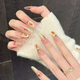 Peach Gold Glitter Floral Crystal Press On Nails