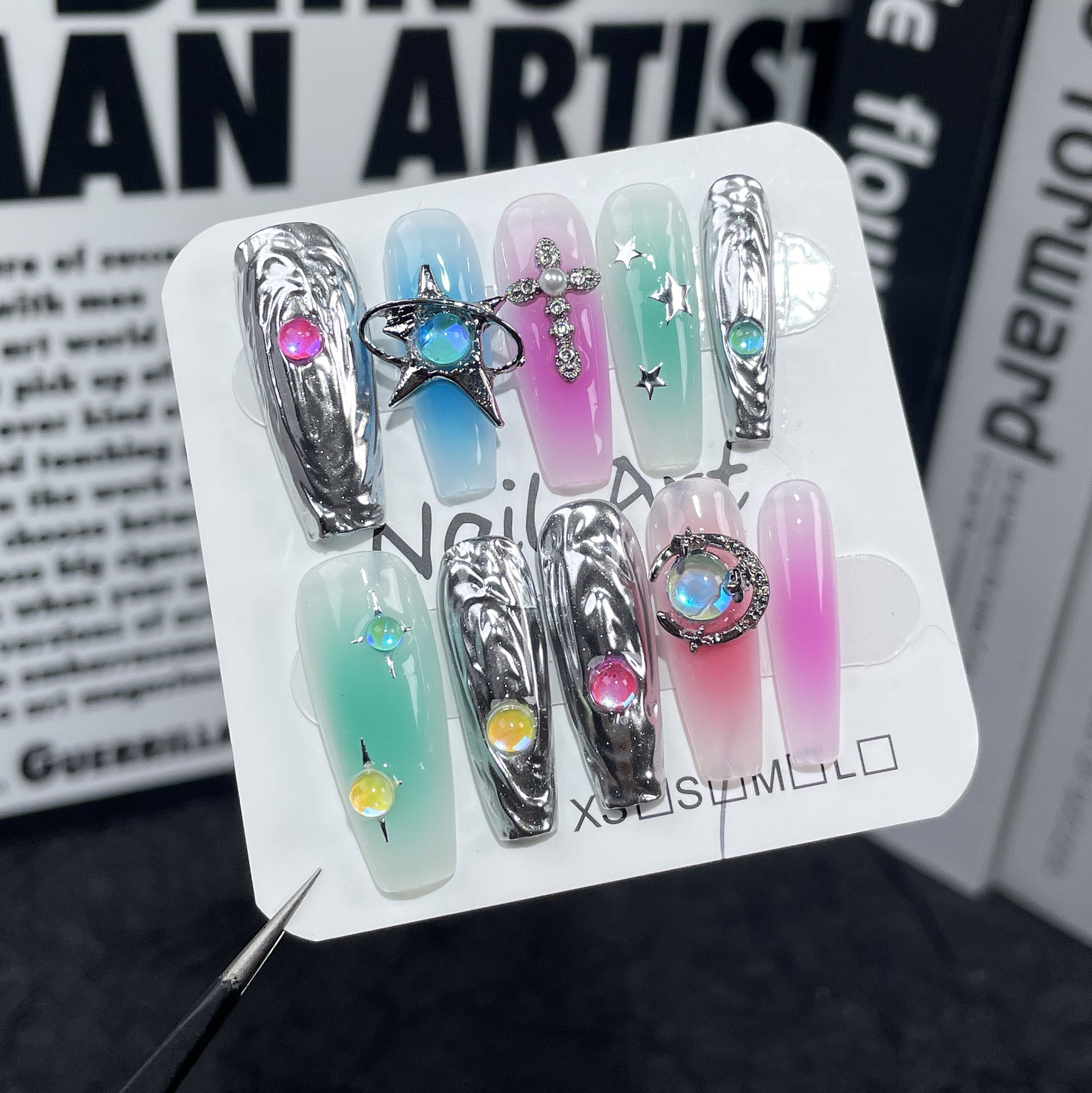 Sweet and cool babes dopamine color scheme handmade armor  style metal three-dimensional relief long nail patch｜365nails