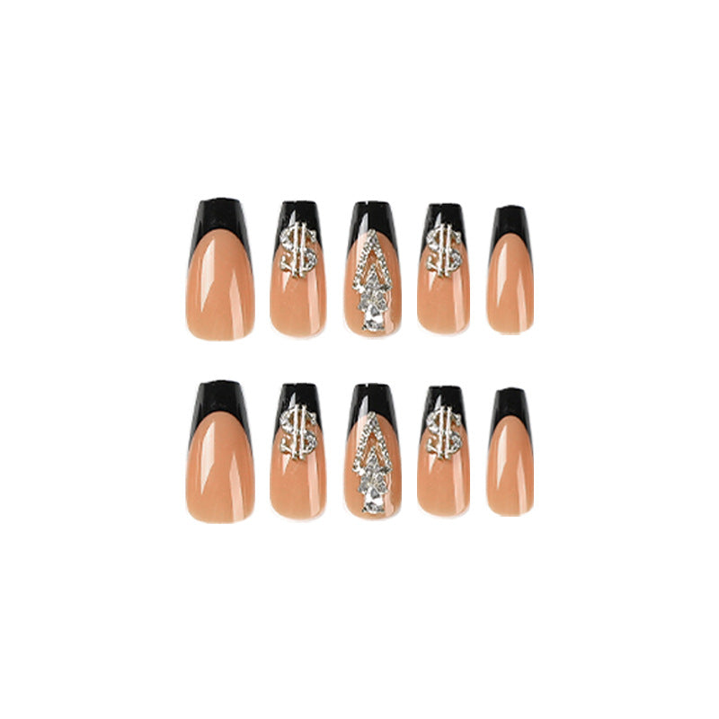 美甲穿戴甲｜黑色法式＋美元符號圖案＋立體水鑽｜365nails