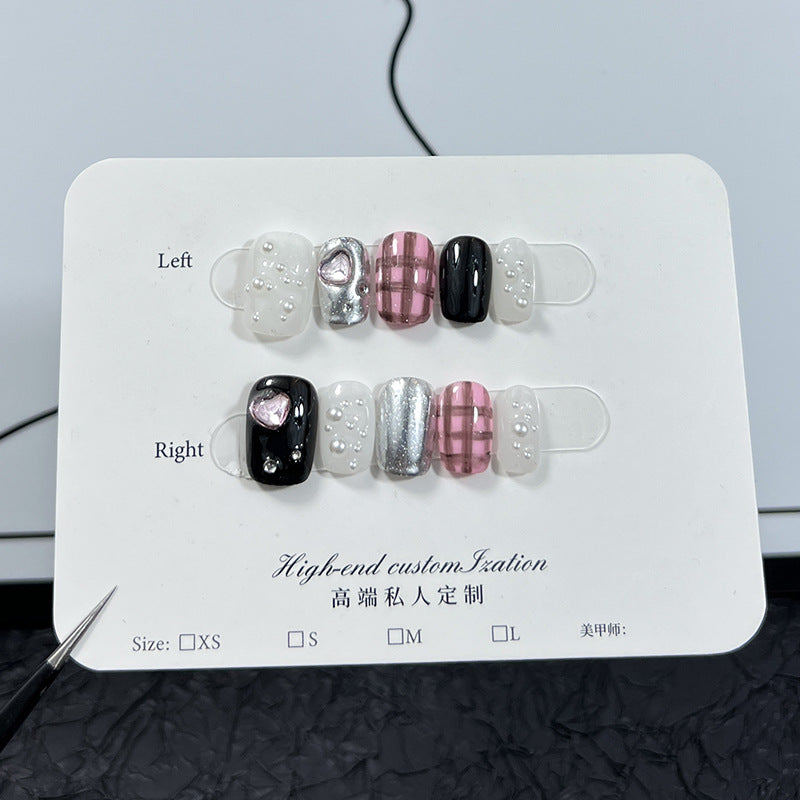 Cute Plaid Pearl Silver Chrome Mixed Short Press-On Nails