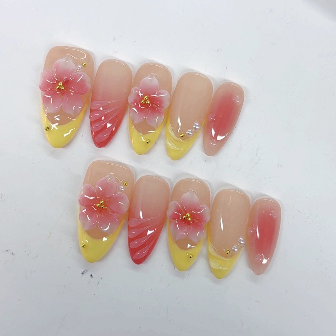 Sakura citron : "Floral rose" – Ongles press-on forme amande