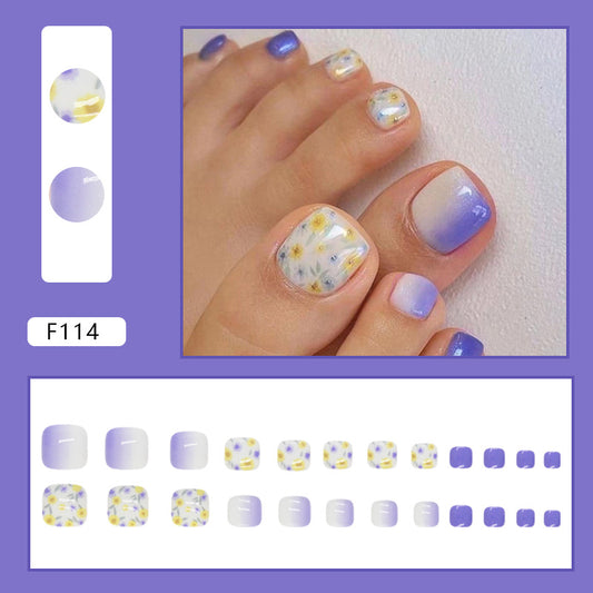 Summer cool blue purple yellow flower manicure gradual change fairy gas Press-on toenails wear nail fake nails wholesale 24 pieces｜365nails