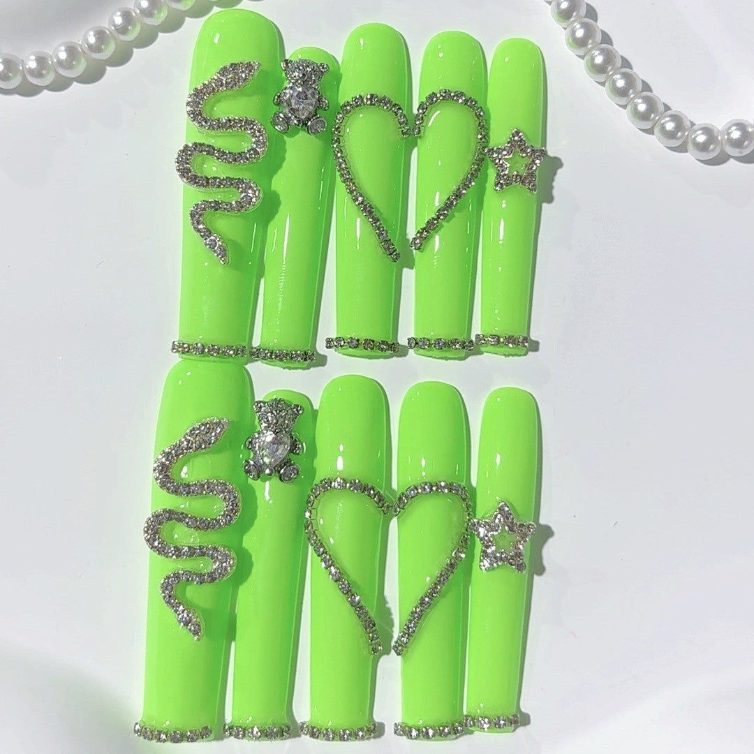 Neon Green Crystal Heart Statement Press On Nails
