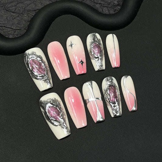 Sweet cool metal  style Handmade press on nails spray gun blush irregular cat eye medium and long nail patch wholesale｜365nails