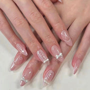 可穿戴 甜美女孩粉色法式 蝴蝶結珍珠錯落 杏仁形 批發｜365nails