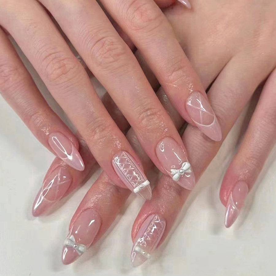 可穿戴 甜美女孩粉色法式 蝴蝶結珍珠錯落 杏仁形 批發｜365nails