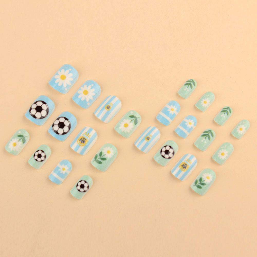 World Cup Argentina Team Fan Press-On Nails with Footballs & Daisies (Short Square/24pcs/Cute)