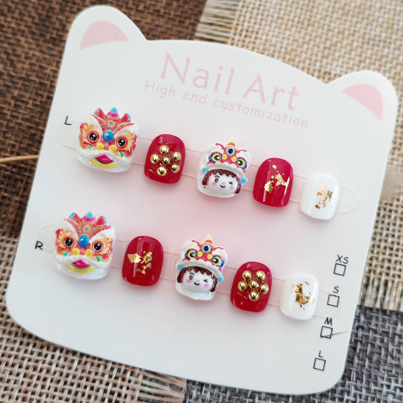 Chinese Lion Dance Kids Series: "Lucky Lion & Doll" – Short Square Kids Nail Art