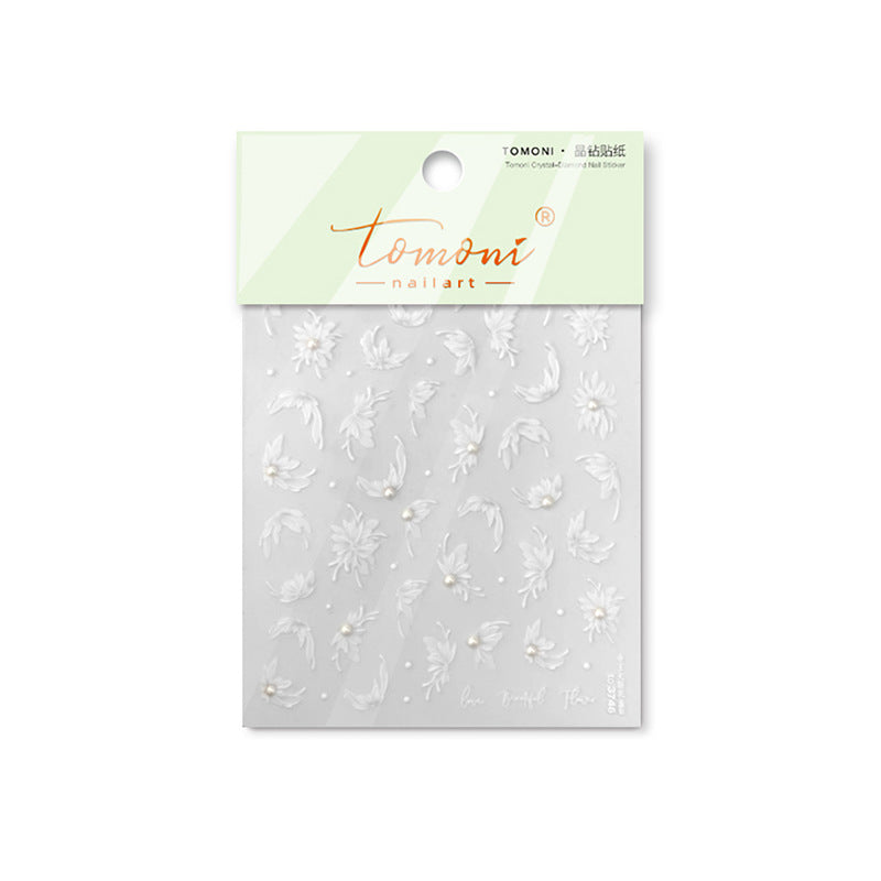 White Floral Crystal-Diamond: "Ethereal White Floral" – 5D Embossed Nail Sticker
