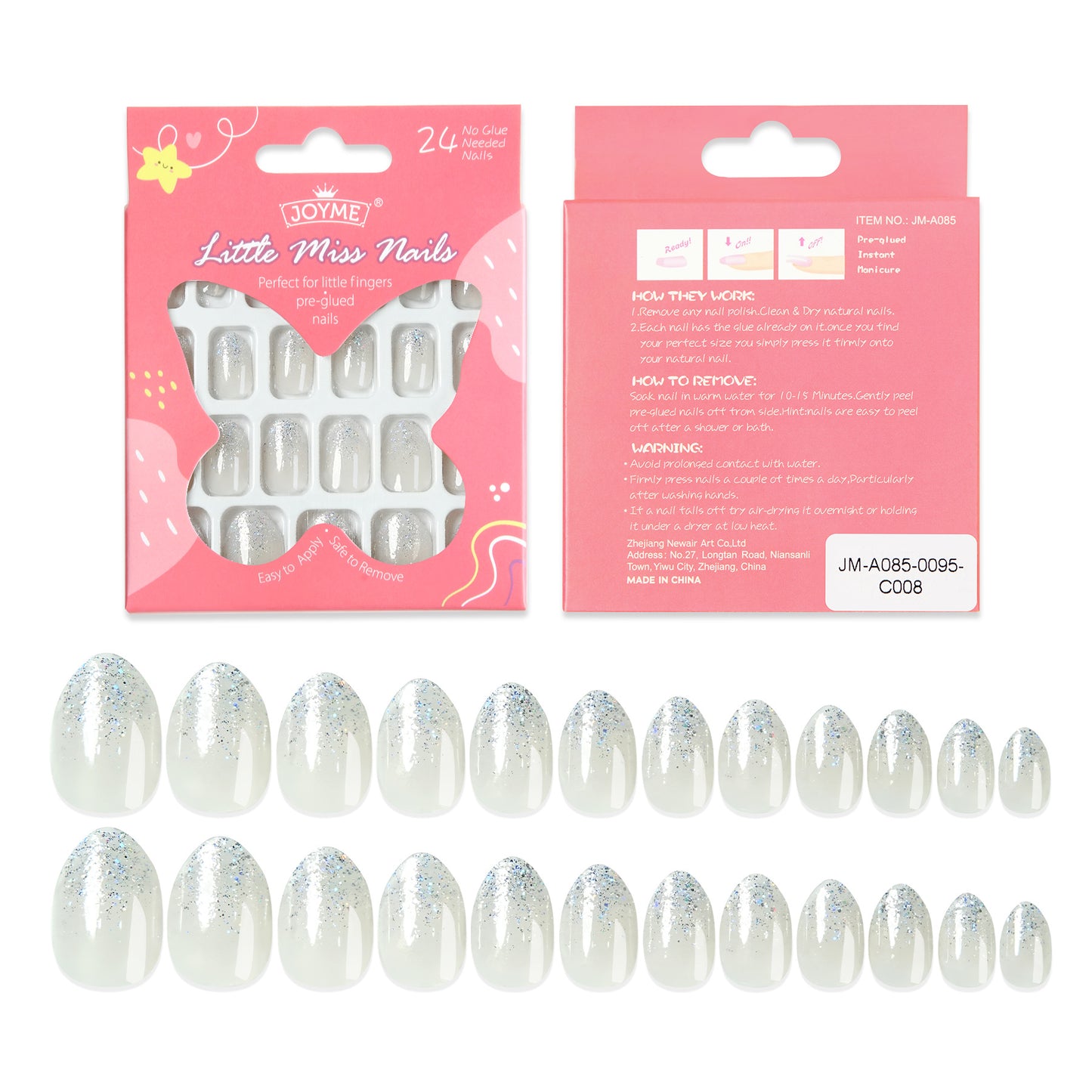 Kids press-on nails Pointed almond gradual change glitter powder little girl princess manicure sticker 24 pieces