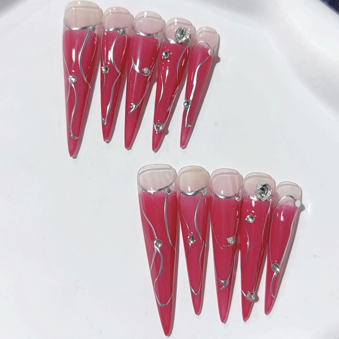 Red Chrome Line Edgy Glam Statement Press On Nails