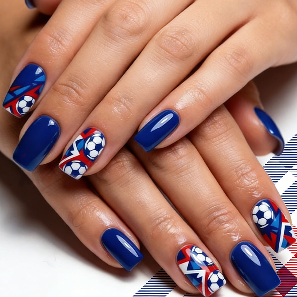 World Cup Dynamic Deep Blue Contrast Football Art Press-On Nails (Glossy/24pcs/Square Oval)