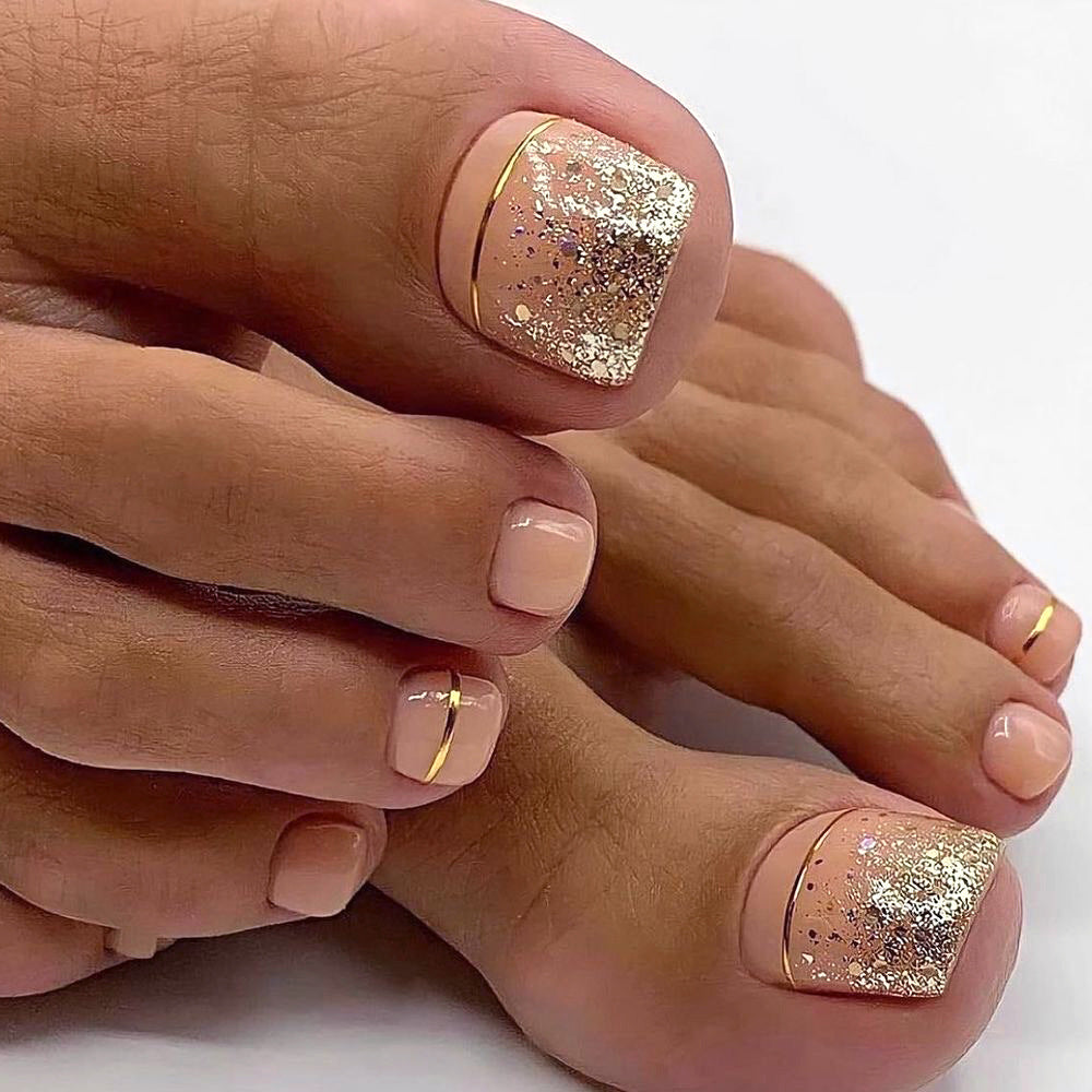 Uñas postizas para pies desnudos, venta al por mayor, línea dorada, para pies, uñas con brillo champán, cambio gradual, arte de uñas para los pies | 365nails