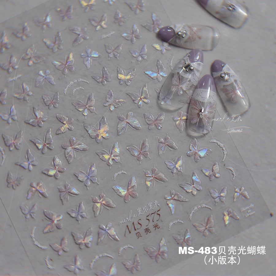 Holographic Shell Light Butterfly Nail Stickers – 3D Embossed Iridescent Set