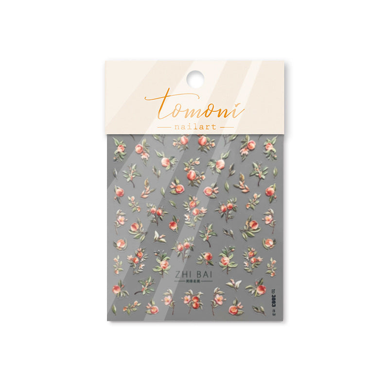 Adesivos de Unha Flor de Pessegueiro e Frutas – Conjunto Botânico Primavera 5D em Relevo