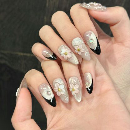 Pink Handmade Carved press on nails Simple and Delicate cat eye French Almond | 365nails