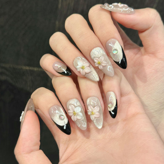 Pink Handmade Carved press on nails Simple and Delicate cat eye French Almond | 365nails