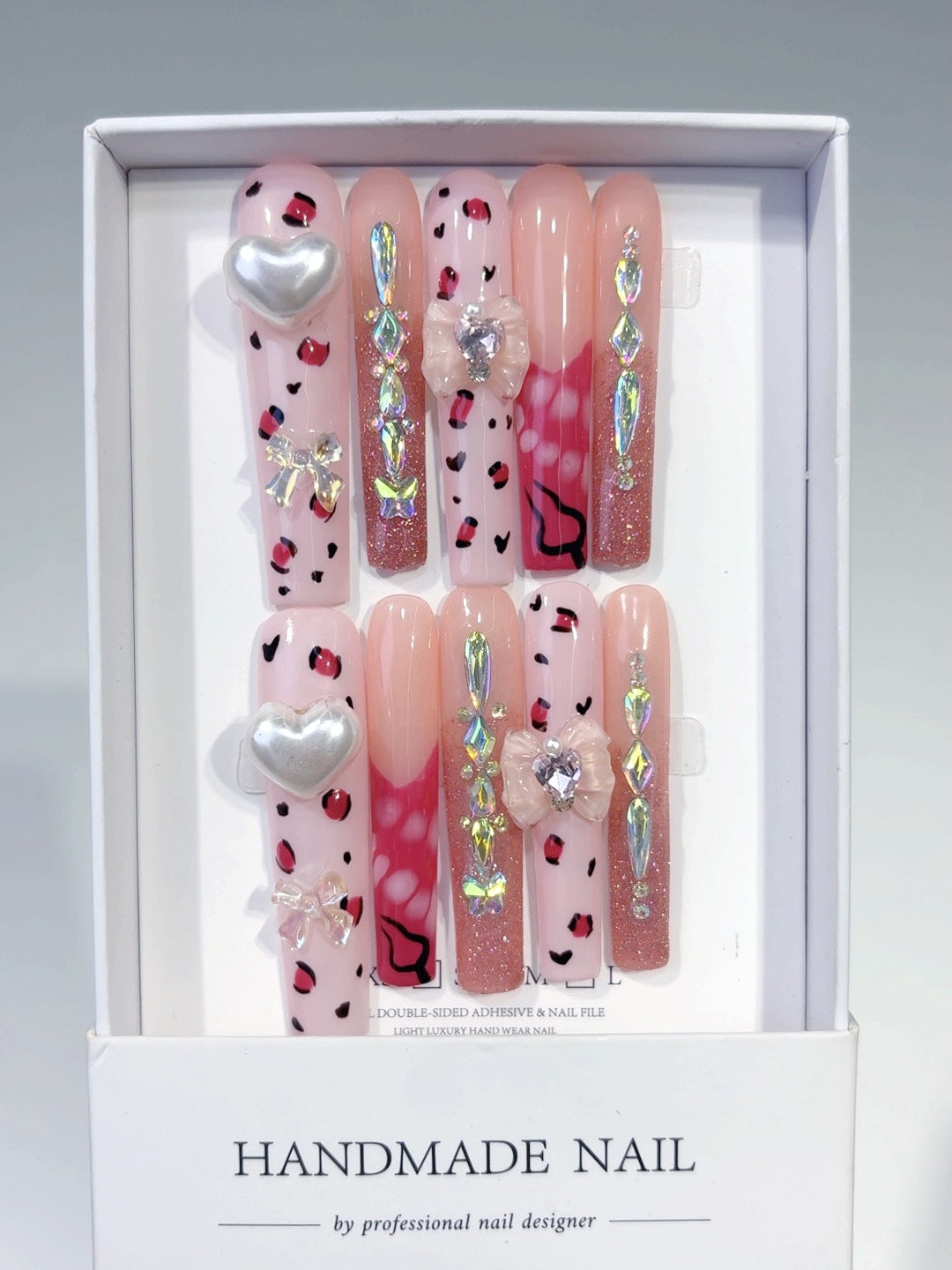 Pink Leopard Heart Crystal Glam Press On Nails