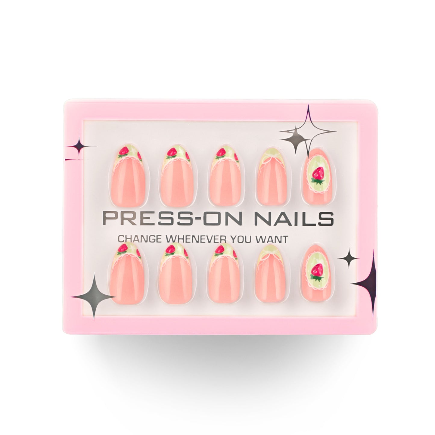 Premium 30 Pieces Boxed French Short Almonds Fresh Strawberries press-on nails