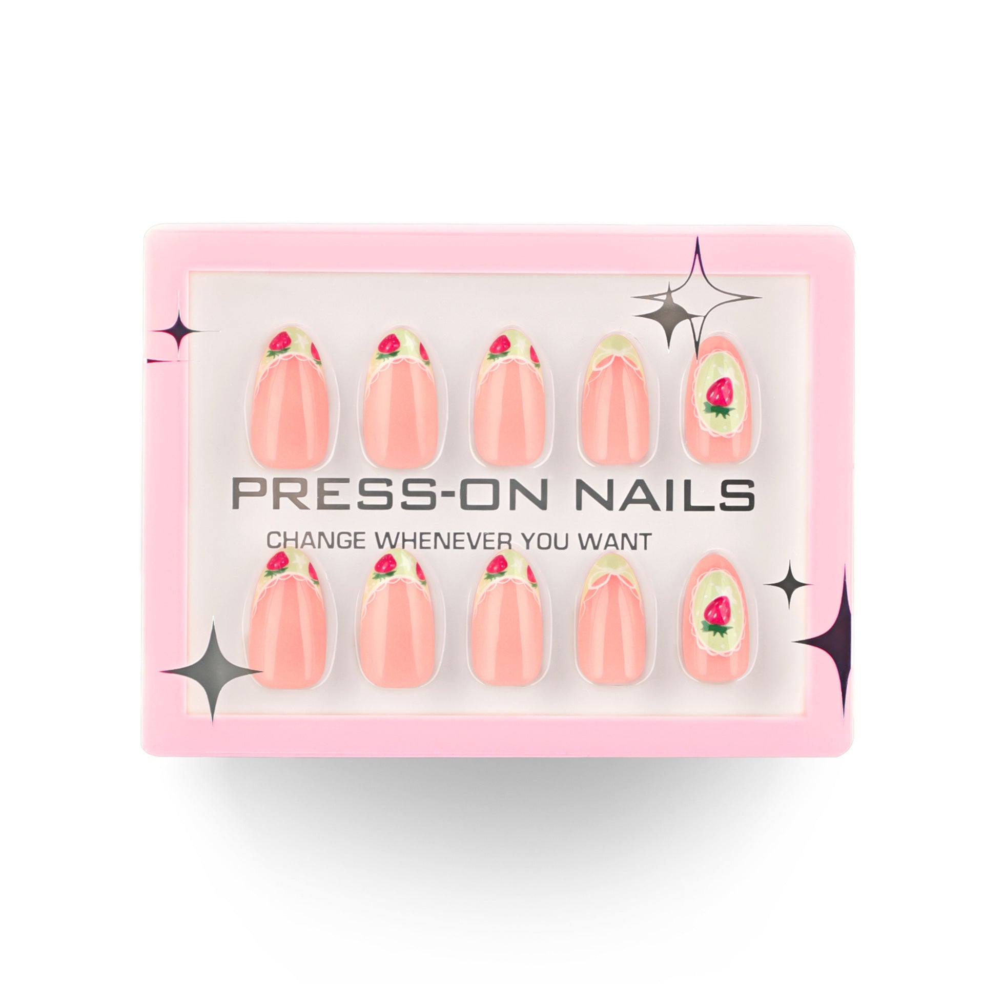 Premium 30 Pieces Boxed French Short Almonds Fresh Strawberries press-on nails