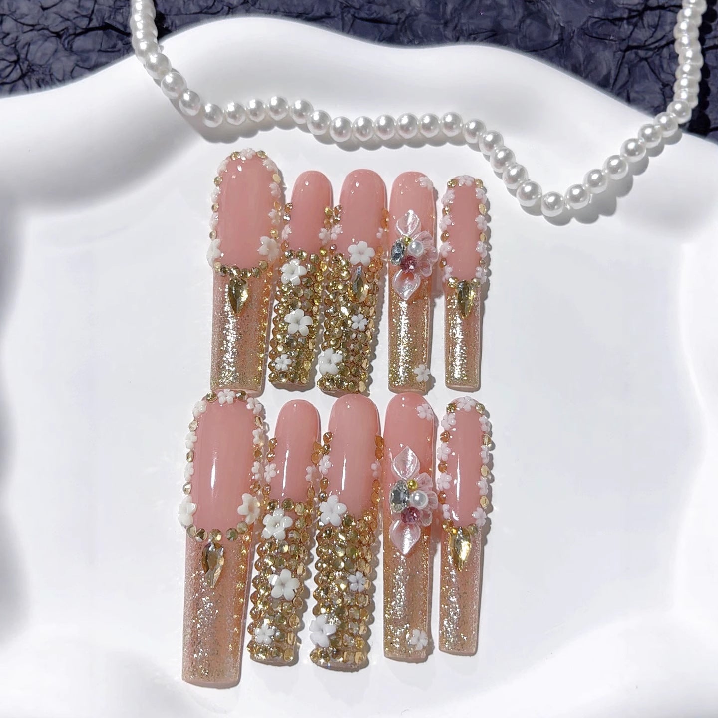 Blush Gold Floral Crystal Luxury Press On Nails