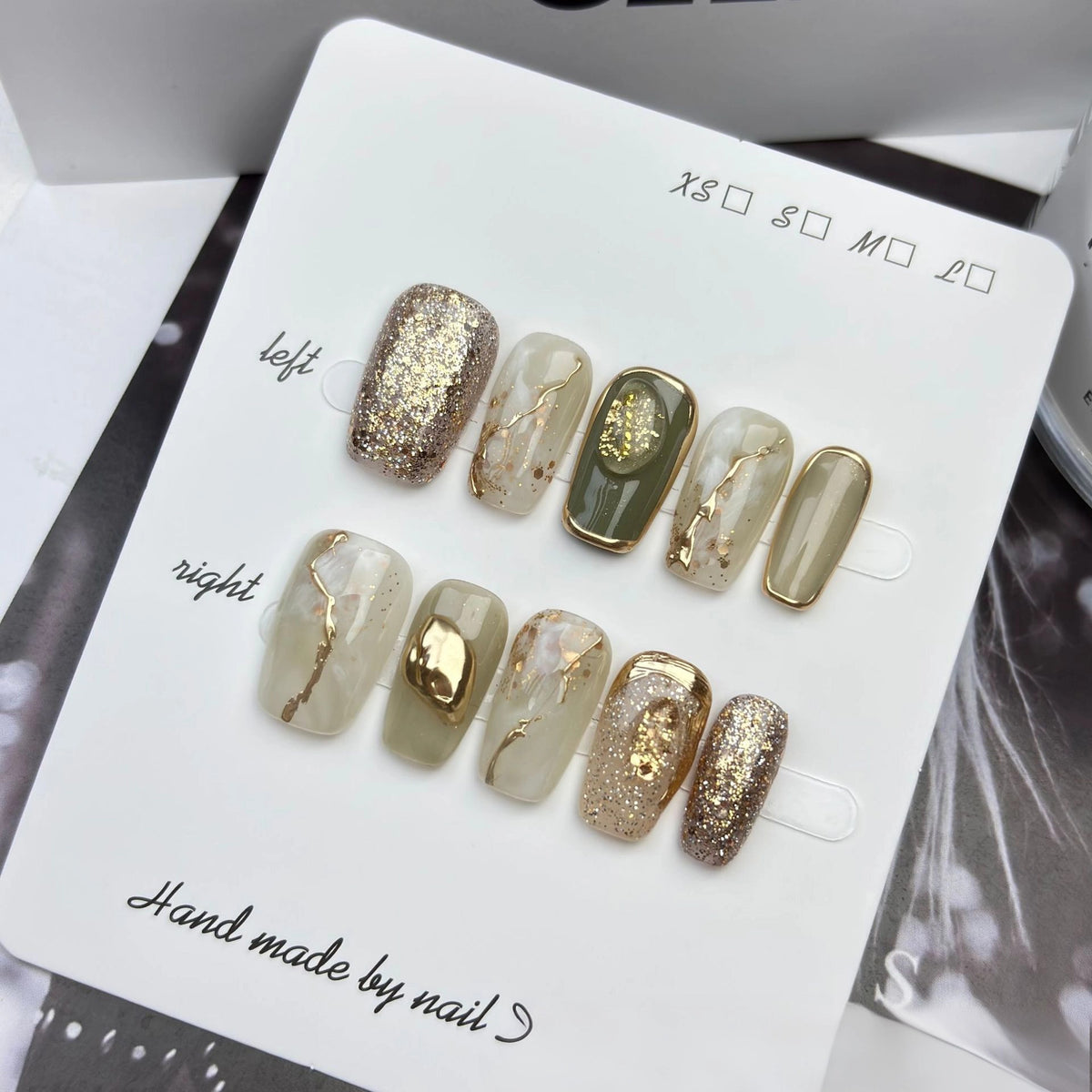 Siri Jade Mewah: "Olive Gold Vein" – Kuku Tekan Buatan Tangan Bentuk Square Sederhana